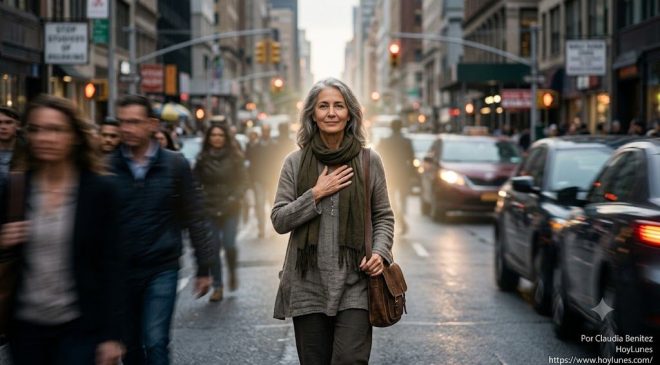 Una persona caminando por una calle de ciudad en movimiento, donde el entorno aparece ligeramente desenfocado y veloz (estela de movimiento que representa las prisas, las opiniones y las expectativas de la sociedad). La persona, sin embargo, camina a su propio ritmo, enfocada, con la mirada pacífica y un halo suave de luz a su alrededor. Lleva una mano sobre el pecho (un gesto instintivo de conexión consigo misma), simbolizando la pausa en medio del caos.