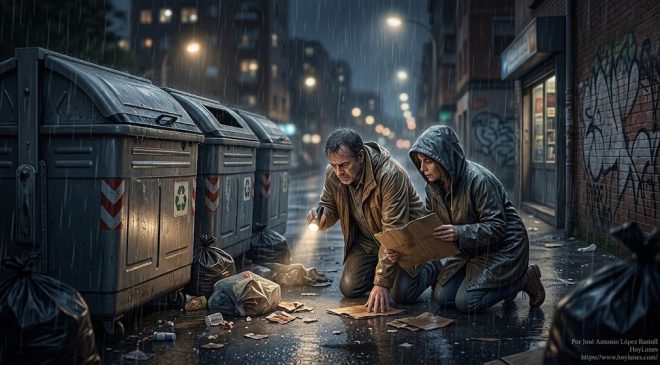 Ilustración hiperrealista y melancólica de una pareja buscando con una linterna cerca de unos contenedores urbanos bajo la lluvia de la noche,