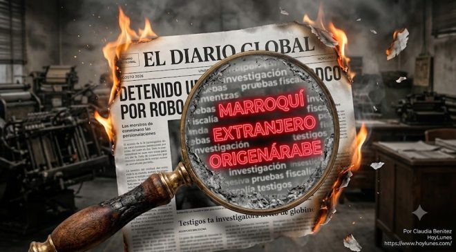 A través de una lupa colocada sobre un periódico ardiendo, el texto del artículo se distorsiona: algunas palabras (como nacionalidades o etiquetas de origen) se iluminan en rojo neón, mientras que el resto de los detalles del delito se difuminan en ceniza.
