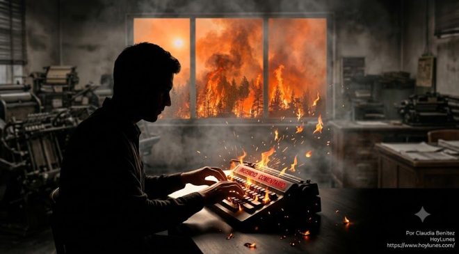Una silueta humana desde la oscuridad interactúa con un teclado iluminado; de las teclas del ordenador nacen chispas y pequeñas llamas que van alimentando un incendio forestal que se divisa al fondo a través de una ventana.
