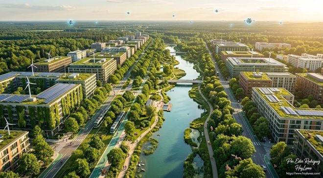 Una toma cenital o plano medio de una metrópolis moderna totalmente integrada con un ecosistema vivo.