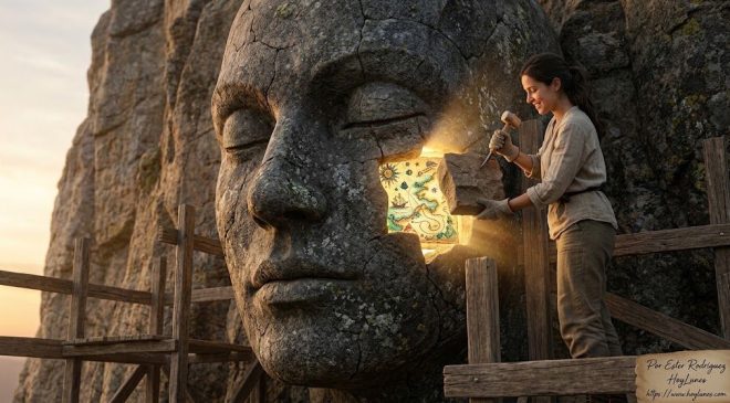Esta imagen ilustra con precisión el proceso de sanación interior: desmantelar, bloque a bloque y con paciencia, la rígida estructura de piedra de las creencias limitantes que fuimos acumulando desde la infancia.