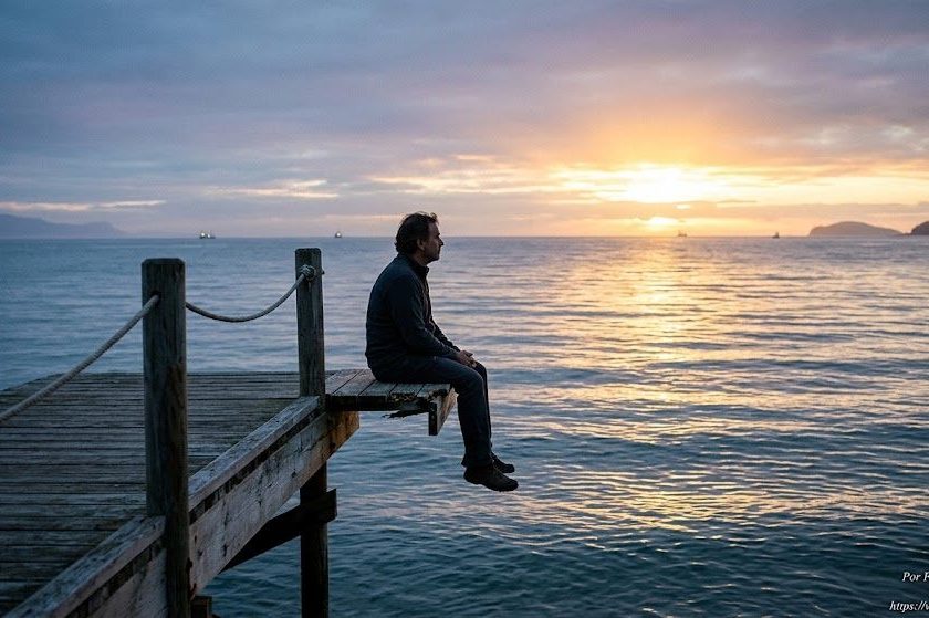 un hombre sentado en el borde de un muelle o banco al amanecer, mirando el horizonte.