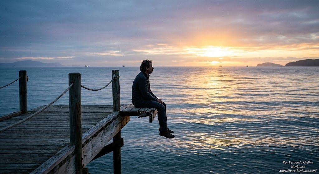 un hombre sentado en el borde de un muelle o banco al amanecer, mirando el horizonte.