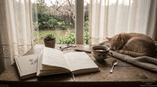 Una imagen conceptual de un cuaderno abierto con anotaciones a mano, una taza de té y un gato descansando al lado sobre una mesa junto a la ventana. 