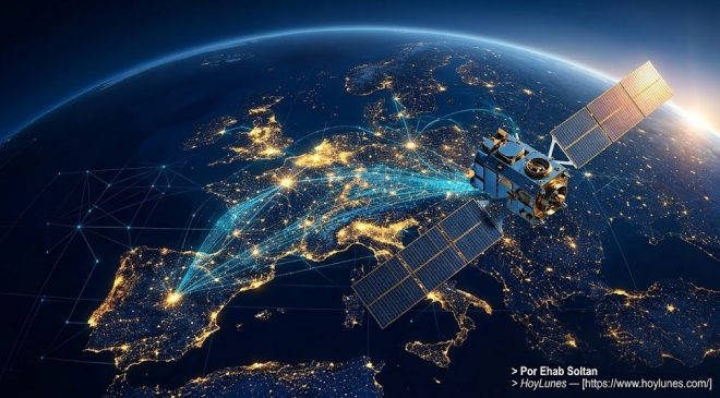 Una vista nocturna de satélites o infraestructuras de comunicación orbitando sobre un mapa iluminado del continente europeo.