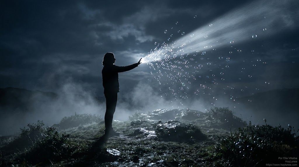 Una figura humana de perfil sobre la cima de una colina nocturna rodeada de niebla baja. La persona extiende la mano intentando atrapar un haz de luz de luna denso y plateado que atraviesa la oscuridad. En el punto exacto donde la mano toca la luz, esta se fragmenta en diminutas burbujas de jabón luminosas y efímeras que se disuelven en el aire.