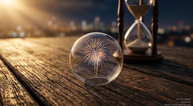 Una frágil y perfecta pompa de jabón refleja en su interior un paisaje brillante de fuegos artificiales desvaneciéndose. Un reloj de arena clásico descansa desenfocado en el fondo, con sus granos cayendo lentamente bajo una luz cálida y cenital de atardecer. 