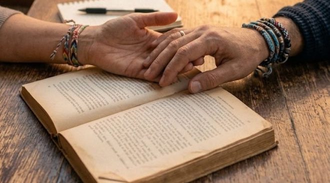 Una toma realista en plano detalle de dos manos que se rozan sutilmente sobre una mesa de madera mientras comparten un libro abierto o un mapa. Colores cálidos, profundidad de campo reducida, enfoque nítido en las manos.