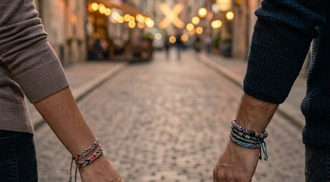 Un encuadre íntimo y natural de una pareja caminando de espaldas por una calle iluminada con luces de ciudad desenfocadas en el fondo. Fotografía urbana expresiva, contraste suave, sensación de complicidad cotidiana.