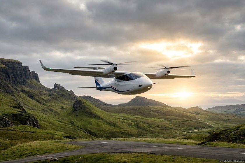 Un plano general cinematográfico de una aeronave ligera con diseño futurista y propulsión limpia despegando sobre un paisaje escocés al amanecer.