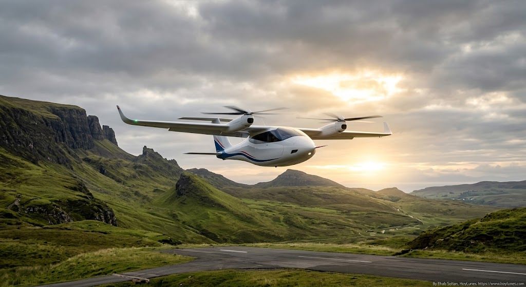 Un plano general cinematográfico de una aeronave ligera con diseño futurista y propulsión limpia despegando sobre un paisaje escocés al amanecer.