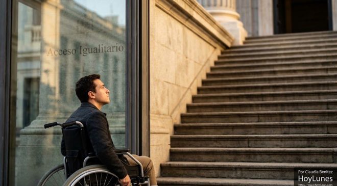 Plano medio-corto cinematográfico a la altura de los ojos en la entrada de un edificio público de arquitectura neoclásica. A la derecha, una imponente y empinada escalinata de piedra bajo la luz matutina. En primer plano a la izquierda, una persona vista de perfil desde una silla de ruedas o con apoyos de movilidad, contemplando la entrada. A través del reflejo de un ventanal cristalino cercano se proyecta en letras sobrias el grabado oficial: "Acceso Igualitario".