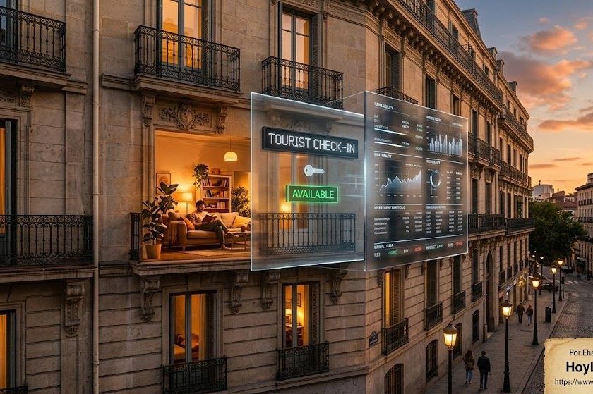 A classic facade of a European residential building at dusk. A centrally located apartment seems to visually "break down" or disintegrate into three transparent, juxtaposed layers.