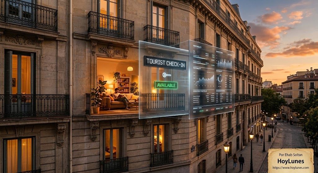 Eine klassische Fassade eines europäischen Wohngebäudes bei Sonnenuntergang. Eine zentrale Wohnung scheint sich optisch in drei transparente und nebeneinander liegende Schichten zu „zerlegen“.