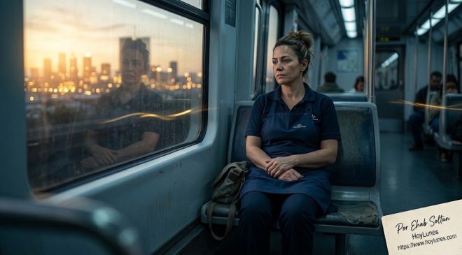 Una trabajadora con uniforme de hostelería sentada en el vagón de un tren de cercanías al amanecer. Su rostro refleja cansancio y dignidad.