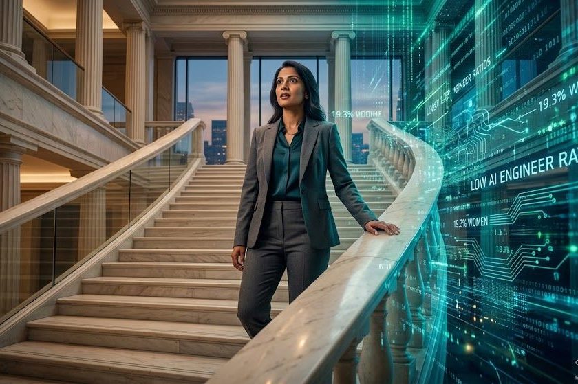 A woman in modern professional attire standing on a grand architectural staircase that transitions seamlessly into a glowing, complex dynamic algorithmic matrix. One half of the scene features classic marble and glass architecture (representing political/corporate power), while the other dissolves into shimmering data streams and low AI engineer ratios.