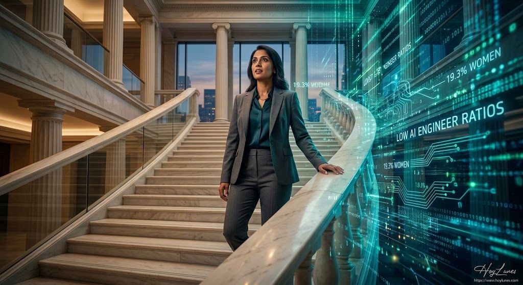 A woman in modern professional attire standing on a grand architectural staircase that transitions seamlessly into a glowing, complex dynamic algorithmic matrix. One half of the scene features classic marble and glass architecture (representing political/corporate power), while the other dissolves into shimmering data streams and low AI engineer ratios.