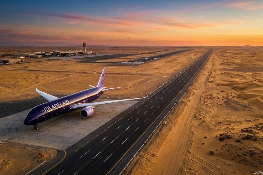 Cuando las rutas del cielo encuentran su continuidad en la tierra: un avión de Riyadh Air y el paisaje de las carreteras saudíes que vertebran la nueva conectividad provisional.