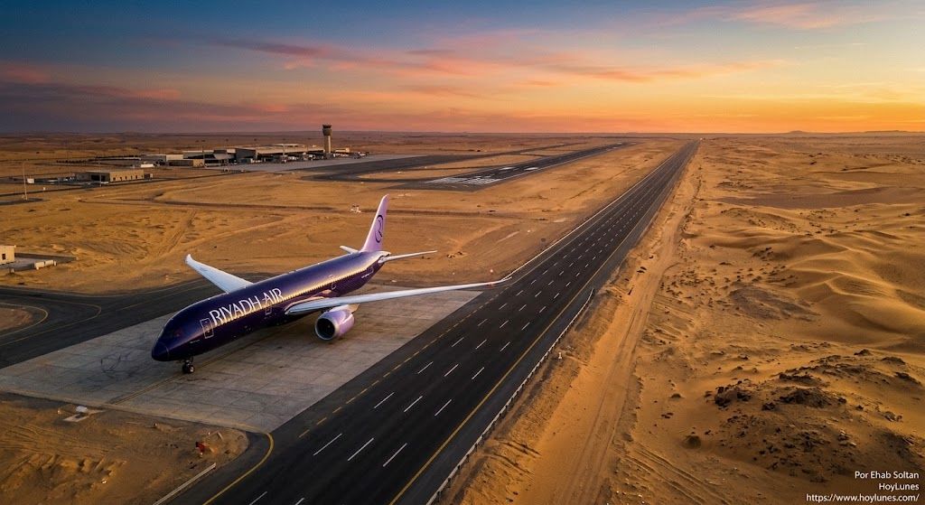 Cuando las rutas del cielo encuentran su continuidad en la tierra: un avión de Riyadh Air y el paisaje de las carreteras saudíes que vertebran la nueva conectividad provisional.