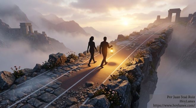 Dos siluetas de personas caminando juntas a lo largo de un camino de piedra en un paisaje montañoso al amanecer. Una de ellas sostiene una farola de tono cálido que ilumina el camino de ambas, rodeadas por una suave bruma matutina que se disipa con la luz del sol.