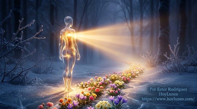 A poetic, surrealist fine art illustration of an elegant human silhouette made of translucent glass standing at the edge of a foggy, dark forest. Inside the glass figure's chest, a radiant lighthouse beam of warm, golden light cuts through the cold blue mist, illuminating a path of colorful blooming flowers on the frozen ground. High contrast, cinematic lighting, ethereal atmosphere, highly detailed, photorealistic render, 8k.
