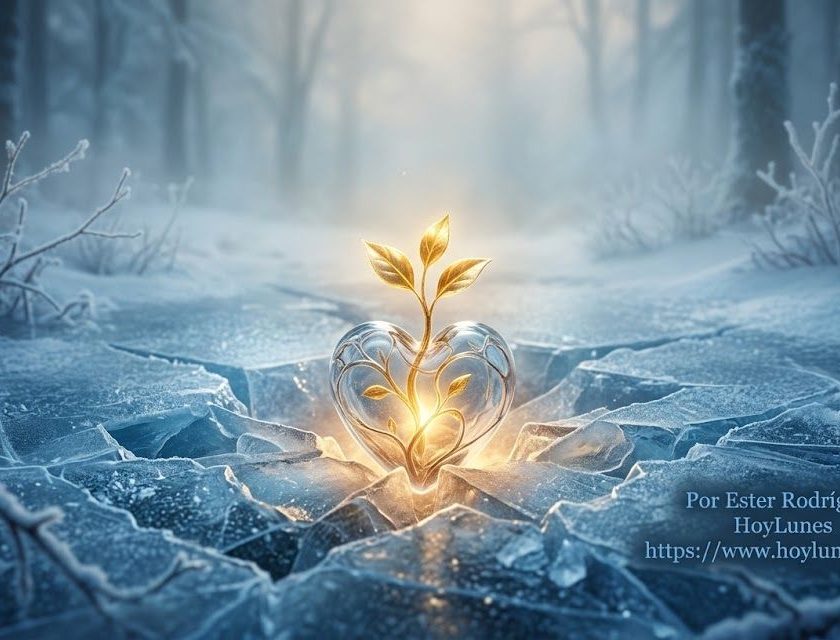 Conceptual artwork showing a delicate glass heart or glowing golden sprout breaking through a thick layer of blue ice in a quiet, misty winter setting. Soft ambient light, sharp contrast between inner warmth and exterior cold, highly detailed composition, dramatic cinematic tone, 8k.