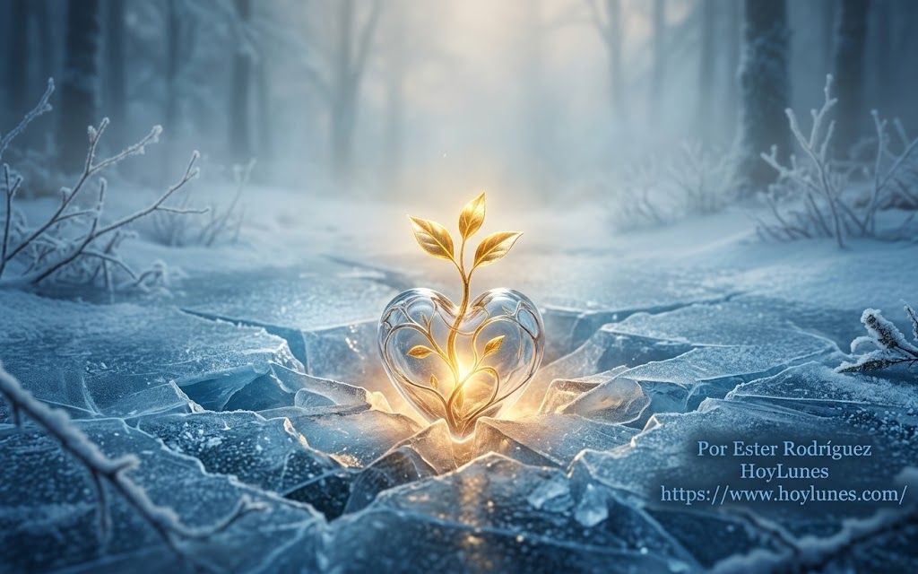 Conceptual artwork showing a delicate glass heart or glowing golden sprout breaking through a thick layer of blue ice in a quiet, misty winter setting. Soft ambient light, sharp contrast between inner warmth and exterior cold, highly detailed composition, dramatic cinematic tone, 8k.