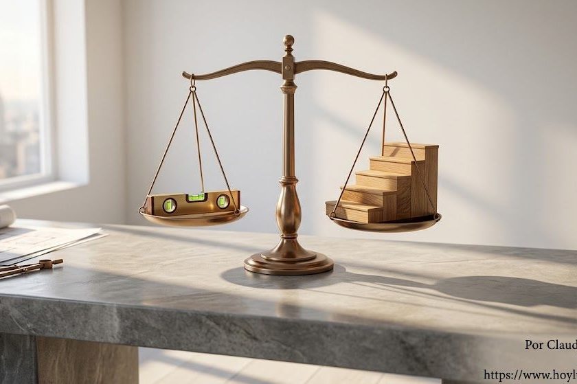 A clean, realistic architectural fine art illustration representing justice. In the center, an elegant modern bronze balance scale sits on a smooth stone table inside a minimalist, brightly lit room. On one scale pan lies a golden spirit level; on the other pan, a set of finely crafted wooden steps. Warm natural sunlight streaming through a window, rich textures of bronze, wood, and stone, professional photography style, highly detailed, 8k resolution.
