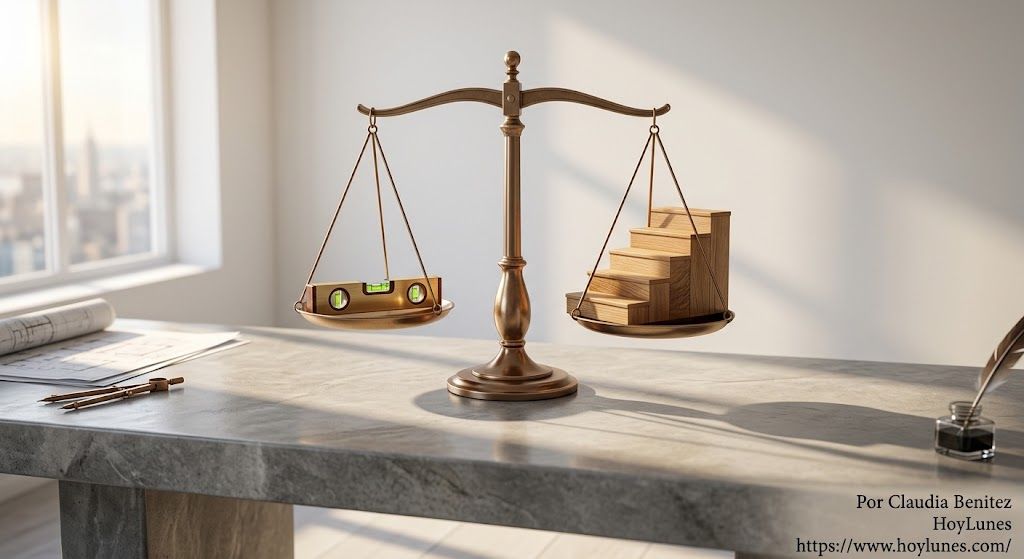 A clean, realistic architectural fine art illustration representing justice. In the center, an elegant modern bronze balance scale sits on a smooth stone table inside a minimalist, brightly lit room. On one scale pan lies a golden spirit level; on the other pan, a set of finely crafted wooden steps. Warm natural sunlight streaming through a window, rich textures of bronze, wood, and stone, professional photography style, highly detailed, 8k resolution.