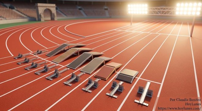 An overhead diagonal view of a modern terracotta red running track in a bright stadium. Clean white lane markers with custom-designed starting blocks adapted to different height levels for each lane, leading toward a clean finish line under bright stadium lights. Realistic sports photography style, vibrant colors, clear composition, symbolic representation of equity and fairness, highly detailed, 8k resolution.